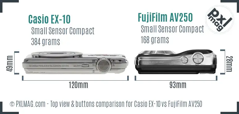 Casio EX-10 vs FujiFilm AV250 top view buttons comparison