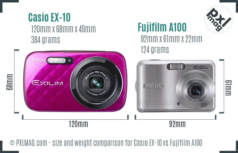 Casio EX-10 vs Fujifilm A100 size comparison