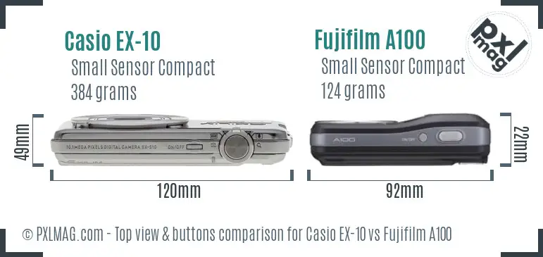 Casio EX-10 vs Fujifilm A100 top view buttons comparison