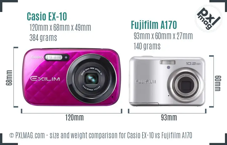 Casio EX-10 vs Fujifilm A170 size comparison