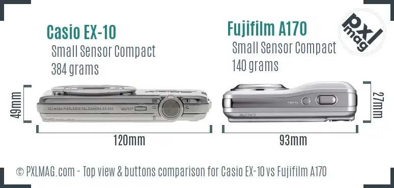 Casio EX-10 vs Fujifilm A170 top view buttons comparison