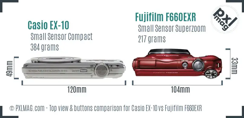 Casio EX-10 vs Fujifilm F660EXR top view buttons comparison