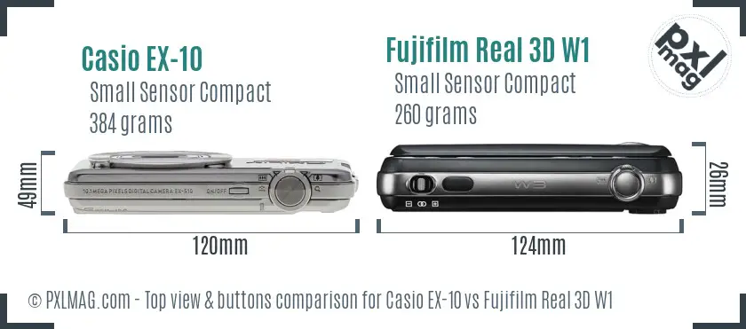 Casio EX-10 vs Fujifilm Real 3D W1 top view buttons comparison