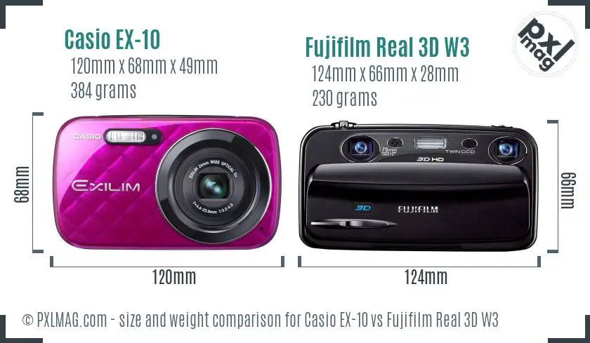Casio EX-10 vs Fujifilm Real 3D W3 size comparison