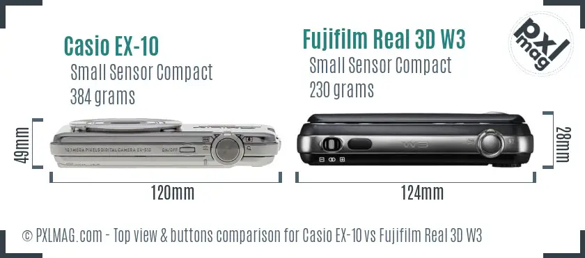 Casio EX-10 vs Fujifilm Real 3D W3 top view buttons comparison