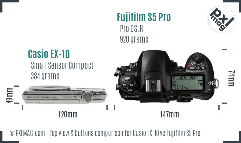 Casio EX-10 vs Fujifilm S5 Pro top view buttons comparison