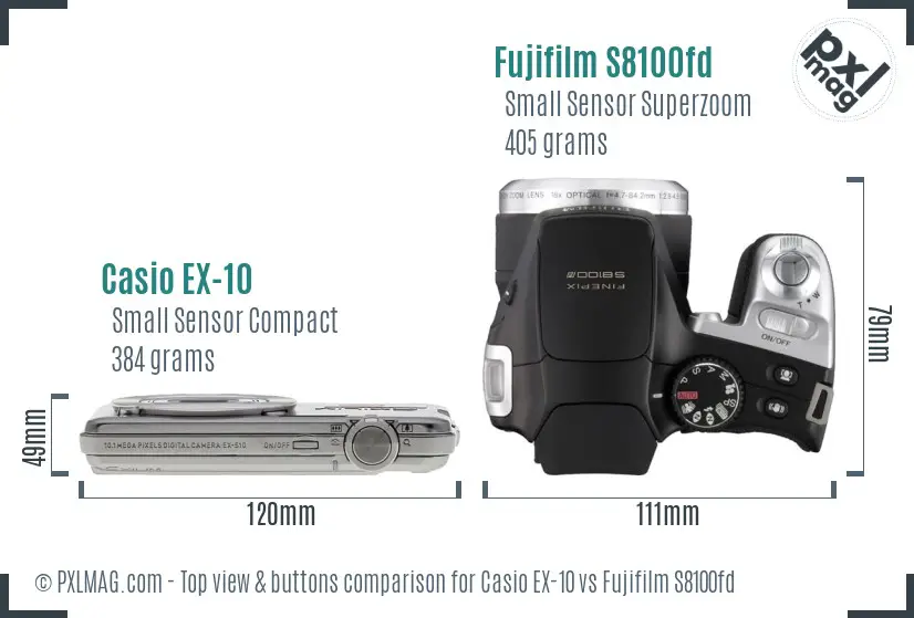 Casio EX-10 vs Fujifilm S8100fd top view buttons comparison