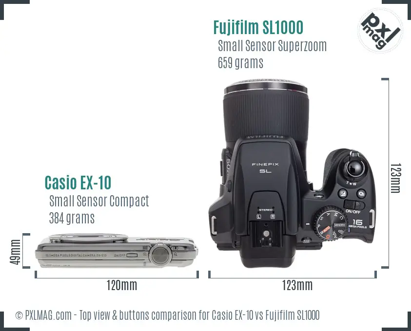 Casio EX-10 vs Fujifilm SL1000 top view buttons comparison