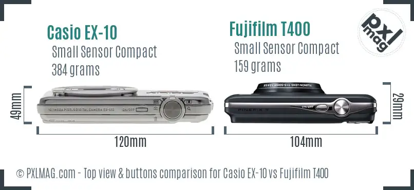 Casio EX-10 vs Fujifilm T400 top view buttons comparison