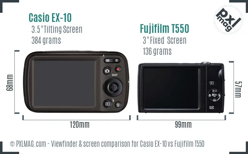 Casio EX-10 vs Fujifilm T550 Screen and Viewfinder comparison
