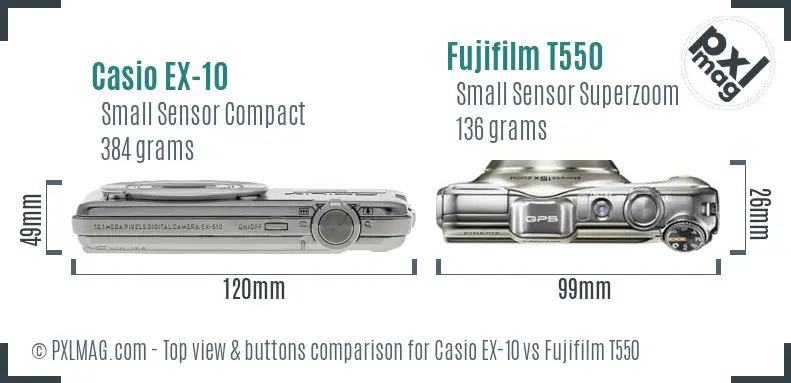 Casio EX-10 vs Fujifilm T550 top view buttons comparison