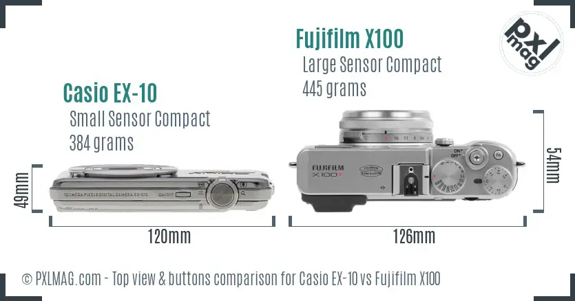 Casio EX-10 vs Fujifilm X100 top view buttons comparison Casio EX-10 vs Fujifilm X100 top view buttons comparison