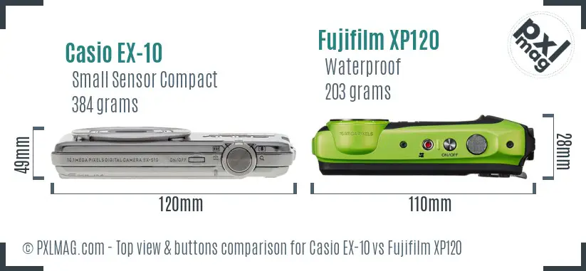 Casio EX-10 vs Fujifilm XP120 top view buttons comparison