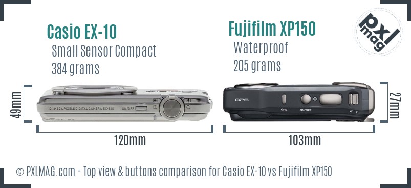 Casio EX-10 vs Fujifilm XP150 top view buttons comparison