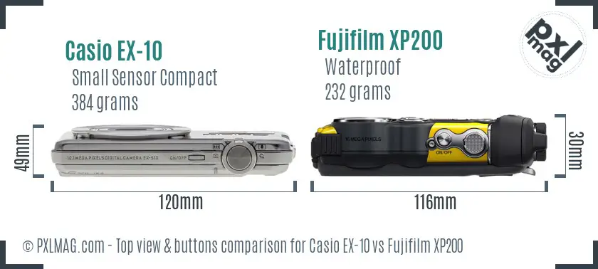 Casio EX-10 vs Fujifilm XP200 top view buttons comparison