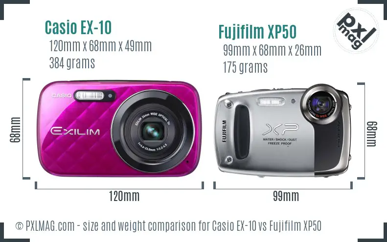 Casio EX-10 vs Fujifilm XP50 size comparison