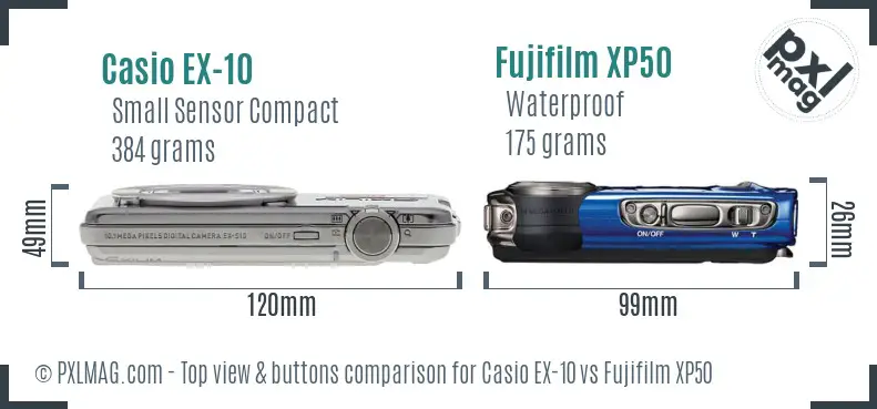 Casio EX-10 vs Fujifilm XP50 top view buttons comparison