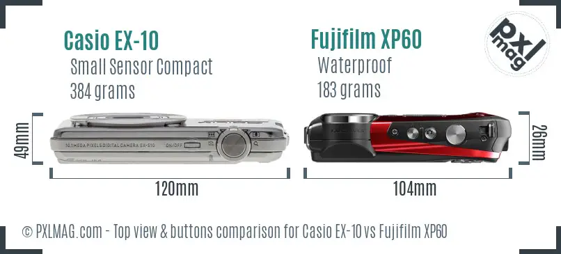 Casio EX-10 vs Fujifilm XP60 top view buttons comparison