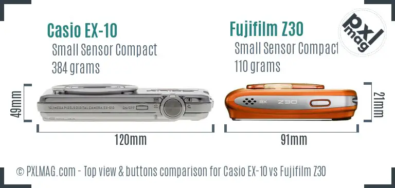 Casio EX-10 vs Fujifilm Z30 top view buttons comparison