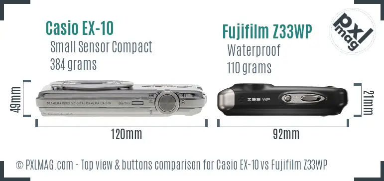 Casio EX-10 vs Fujifilm Z33WP top view buttons comparison