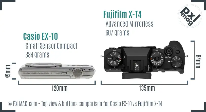 Casio EX-10 vs Fujifilm X-T4 top view buttons comparison