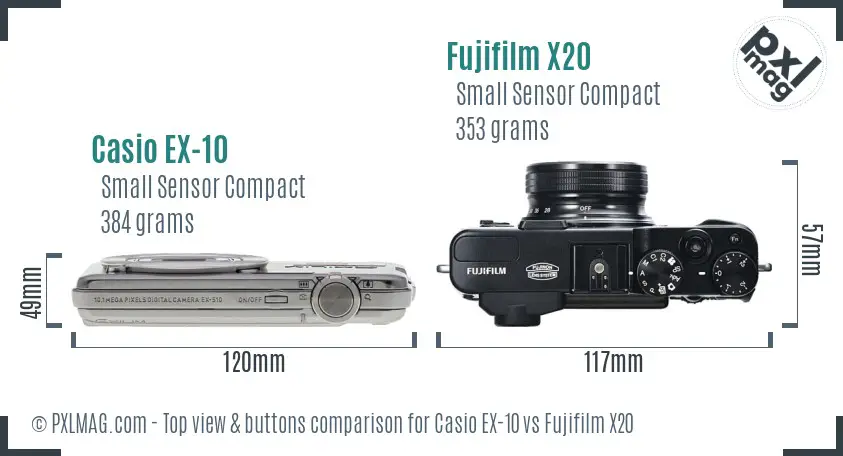 Casio EX-10 vs Fujifilm X20 top view buttons comparison