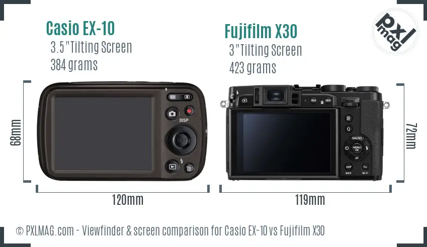 Casio EX-10 vs Fujifilm X30 Screen and Viewfinder comparison