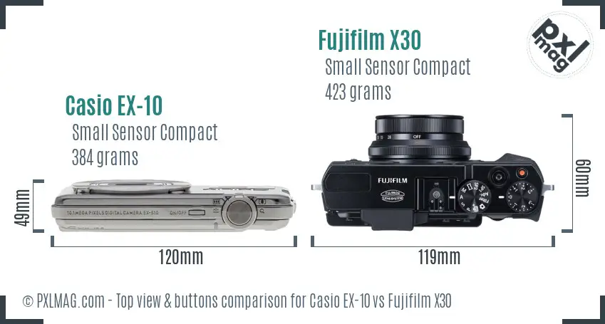 Casio EX-10 vs Fujifilm X30 top view buttons comparison