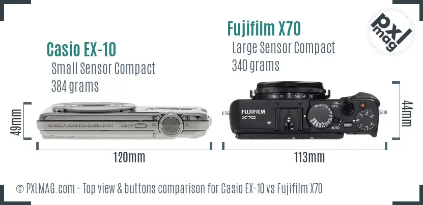 Casio EX-10 vs Fujifilm X70 top view buttons comparison