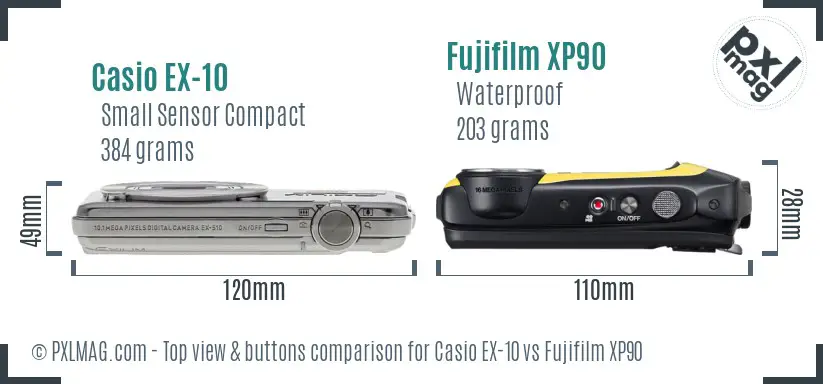 Casio EX-10 vs Fujifilm XP90 top view buttons comparison Casio EX-10 vs Fujifilm XP90 top view buttons comparison