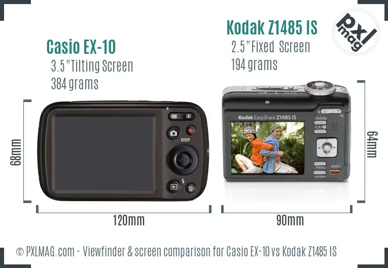 Casio EX-10 vs Kodak Z1485 IS Screen and Viewfinder comparison