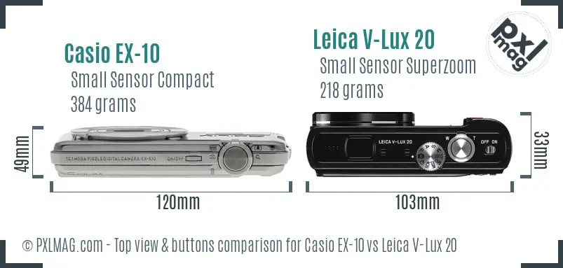 Casio EX-10 vs Leica V-Lux 20 top view buttons comparison Casio EX-10 vs Leica V-Lux 20 top view buttons comparison