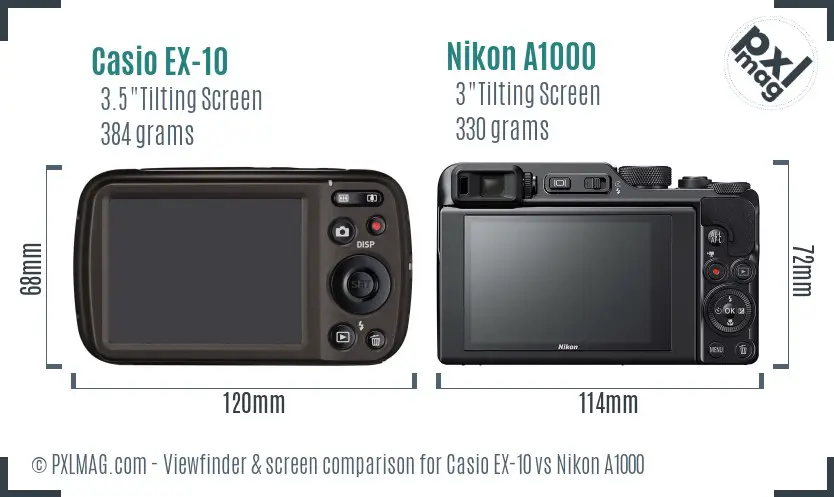 Casio EX-10 vs Nikon A1000 Screen and Viewfinder comparison