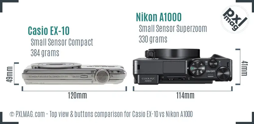 Casio EX-10 vs Nikon A1000 top view buttons comparison