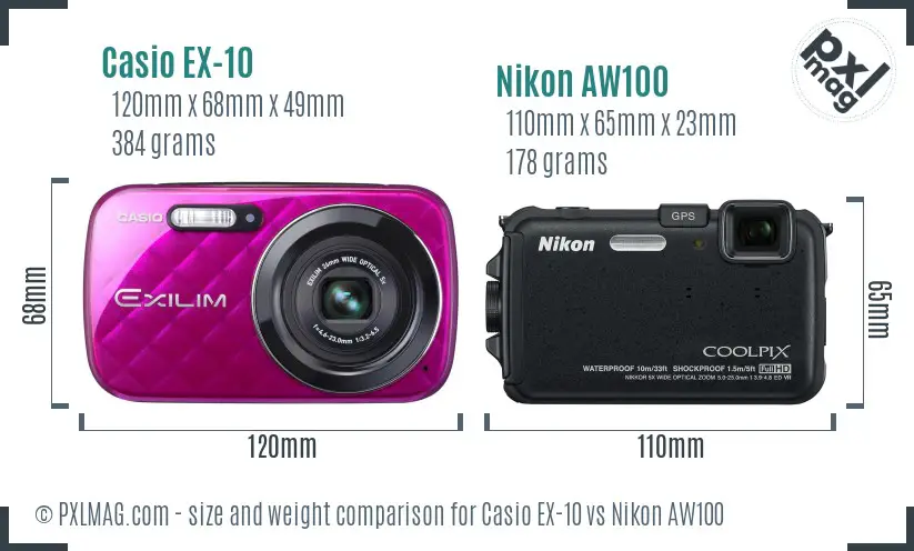 Casio EX-10 vs Nikon AW100 size comparison Casio EX-10 vs Nikon AW100 size comparison