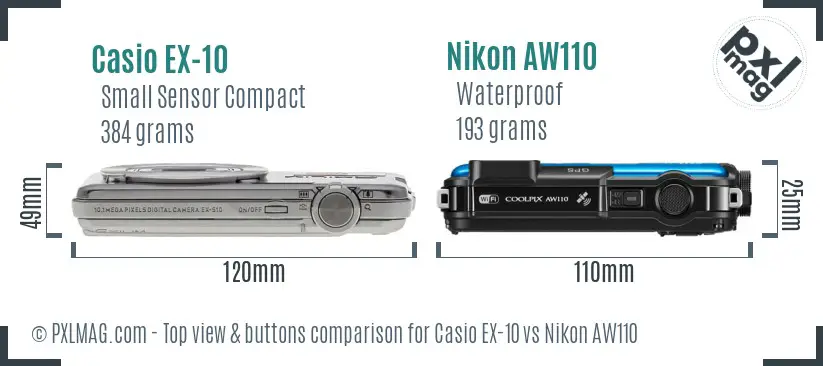 Casio EX-10 vs Nikon AW110 top view buttons comparison