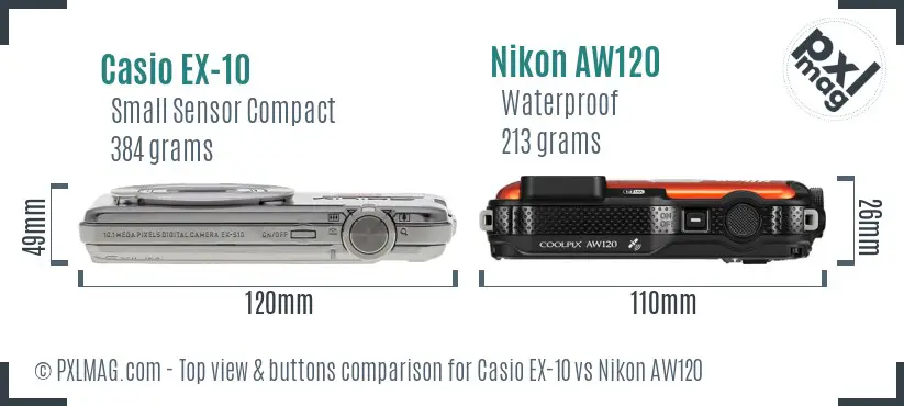 Casio EX-10 vs Nikon AW120 top view buttons comparison