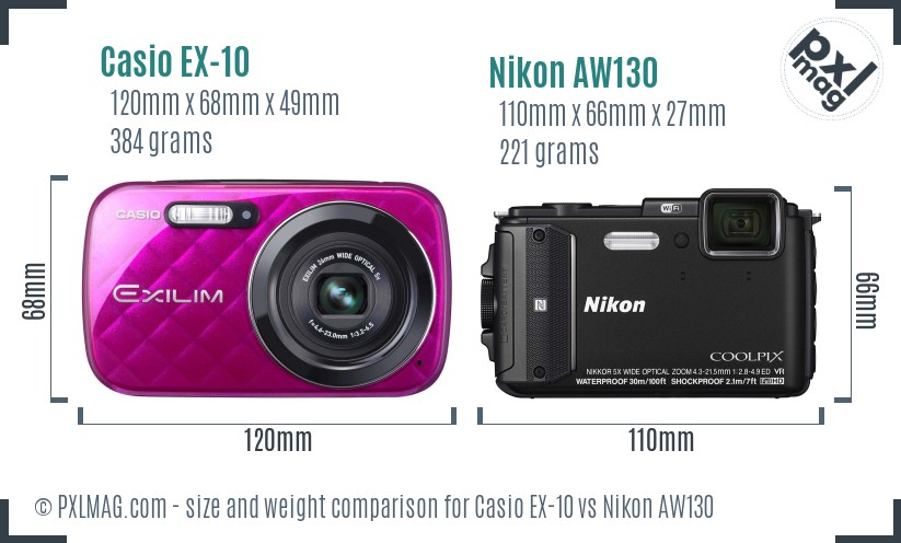 Casio EX-10 vs Nikon AW130 size comparison