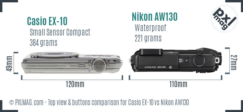 Casio EX-10 vs Nikon AW130 top view buttons comparison