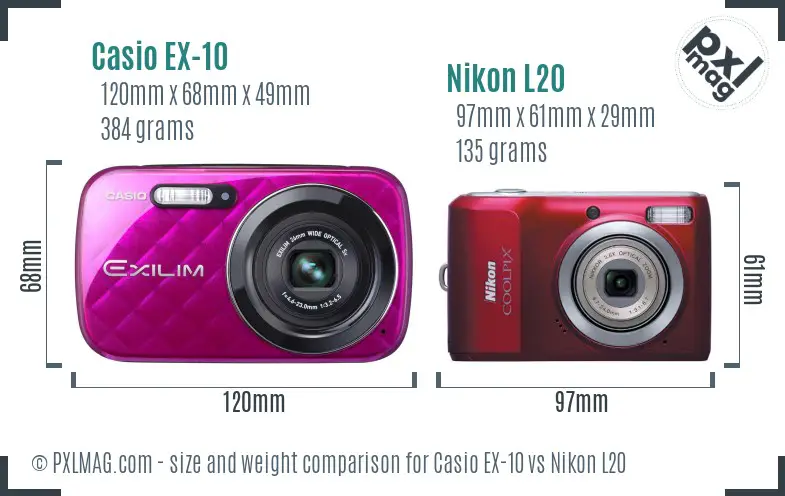 Casio EX-10 vs Nikon L20 size comparison