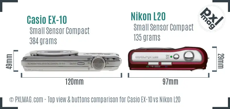 Casio EX-10 vs Nikon L20 top view buttons comparison