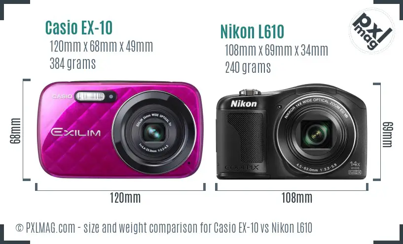 Casio EX-10 vs Nikon L610 size comparison