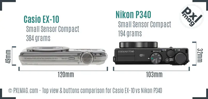 Casio EX-10 vs Nikon P340 top view buttons comparison