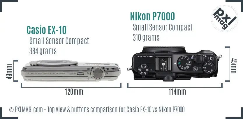 Casio EX-10 vs Nikon P7000 top view buttons comparison