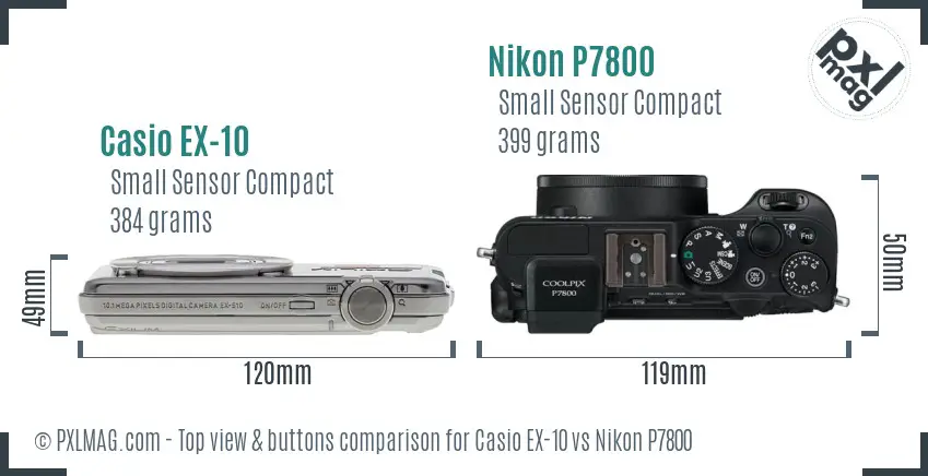 Casio EX-10 vs Nikon P7800 top view buttons comparison