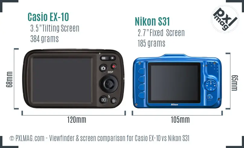 Casio EX-10 vs Nikon S31 Screen and Viewfinder comparison