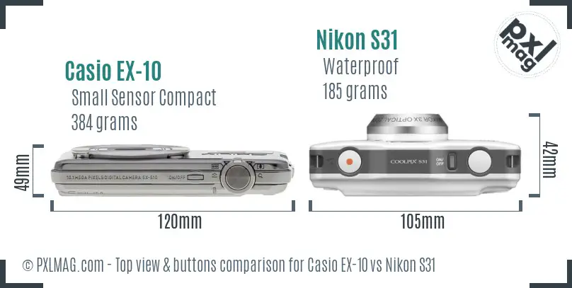 Casio EX-10 vs Nikon S31 top view buttons comparison