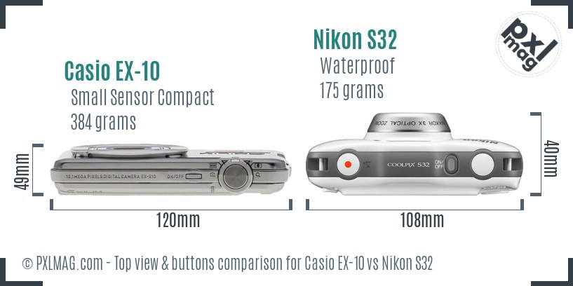 Casio EX-10 vs Nikon S32 top view buttons comparison