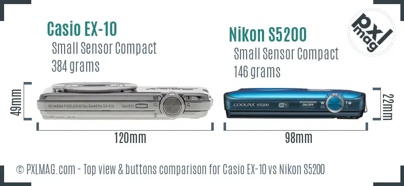 Casio EX-10 vs Nikon S5200 top view buttons comparison