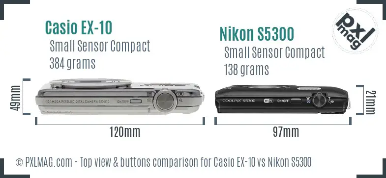 Casio EX-10 vs Nikon S5300 top view buttons comparison